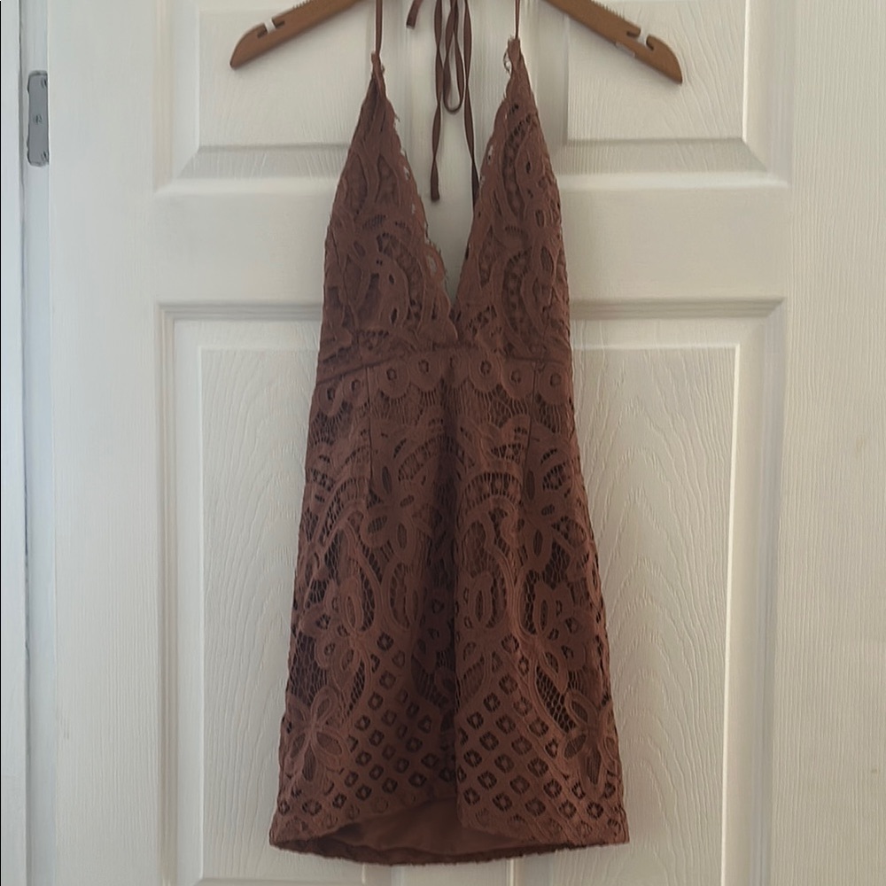 Tobi Lace Halter Mini Dress in Brown